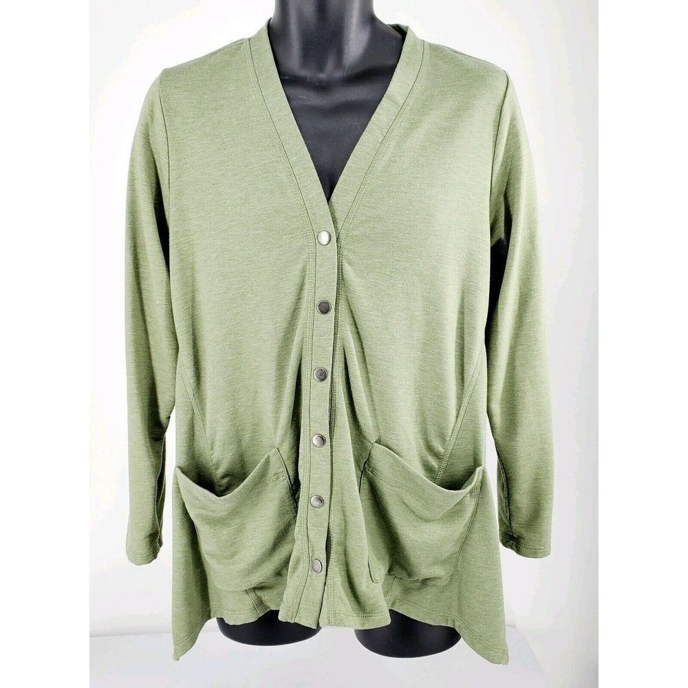 LOGO By Lori Goldstein Snap Slouch Cardigan Sage Green Pockets French Terry S